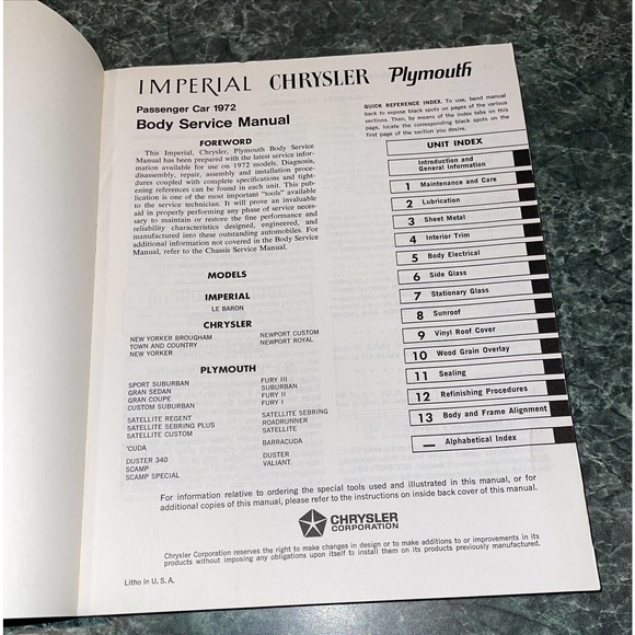 Service Manual PLYMOUTH CHRYSLER IMPERIAL BODY SERVICE MANUAL Hot Rods 1972 - Picture 2 of 6